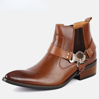 2022 Mens Glezna Cizme De Cowboy Clasic Pantofi Stil Nou La Modă Lanț De Metal Designer Din Piele De Calitate A Subliniat Toe Om Cizme