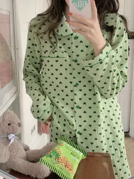 Toamna Noua Bumbac Tifon Homewear Drăguț Dragoste de Culoare de Imprimare Pijama Set de 2 piese Uri la Modă, cu mâneci Lungi Pierde Pijamale pentru Femei