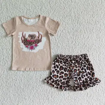 Fată de la țară pălărie fată copilul de top leopard de imprimare zburli pantaloni scurți de tip boutique, de îmbrăcăminte pentru copii 2-bucata set