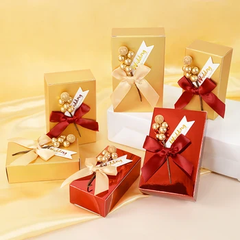 5pcs Petrecere de Nunta Cutii de Cadouri de Aur Candy Box Cu Panglică Copil de Dus de Hârtie Cutii de Ciocolata Creative Pentru Boabe Sac de Ambalare