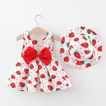 Vara Copilul Nou-Născut Haine Pentru Sugari Rochii Fete Cu Stil Coreean Cute Strawberry Bumbac Imprimare Rochie De Plaja+Palarie De Soare Rochii De Printesa