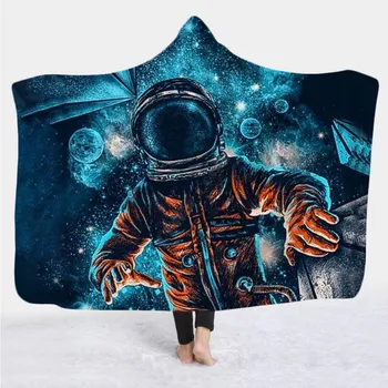 Galaxy astronaut 3D Peste Tot Imprimat cu Gluga Pătură copil Adult Sherpa Fleece Portabil Pătură Microfibră lenjerie de Pat 04