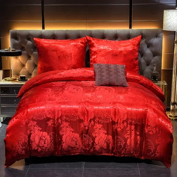 Jacquard carpetă acopere stabilit moale din satin matasoasa, lenjerie de pat jos capacul fata de perna set cu fermoar sigiliu, roșu, de dimensiuni medii pat dublu