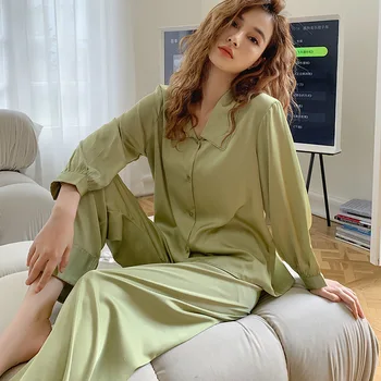 Nouă Primăvară De Toamnă Set De Pijama Cu Maneci Lungi Pantaloni Pijamas Costum Elegnat Verde Solid Silk Satin Pijamale Lejere Casual Uzura Acasă