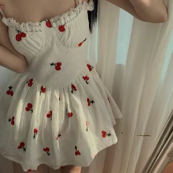 Sexy Curea Kawaii Printesa Rochie de Femei Vara 2022 Japoneză Talie Mare Dulce Rochie fără Mâneci Dantelă Florale Casual coreean cherry