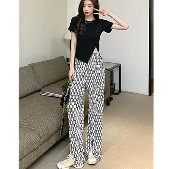 Contrast Alb-negru de Culoare Toamna Talie Mare coreeană de Moda de petrecere a timpului Liber pentru Femei Vintage de Îmbrăcăminte Dreaptă Split Flare Pantaloni