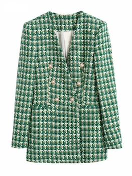 Femei Vintage Carouri Verde Tweed Gros Sacou Feminin Maneca Lunga Eleganta Doamnelor Munca Purta Sacou se Potriveste BE103