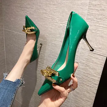 A subliniat stiletto singur pantofi femei 2021 primăvara și toamna verde tocuri de piele femei