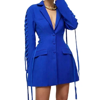 Costum 2023 Doamna Designer de Moda pentru Femei Sacouri de Toamna Primavara Slim Stil coreean Mid-Lungime Casual Albastru Bandaj Mantou pentru Femei