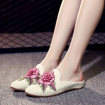 Stil Național Brodate Baotou Femei Papuci Plat Sandale De Moda Catâri Pantofi De Femei Papuci De Casă Zapatillas Mujer Casual Verano