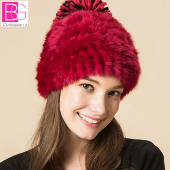 Iarna Blana de Iepure Cap Pălării Pentru Femei Cu Lux Minge de Flori Capac Femei Personalizate Pălărie Beanie